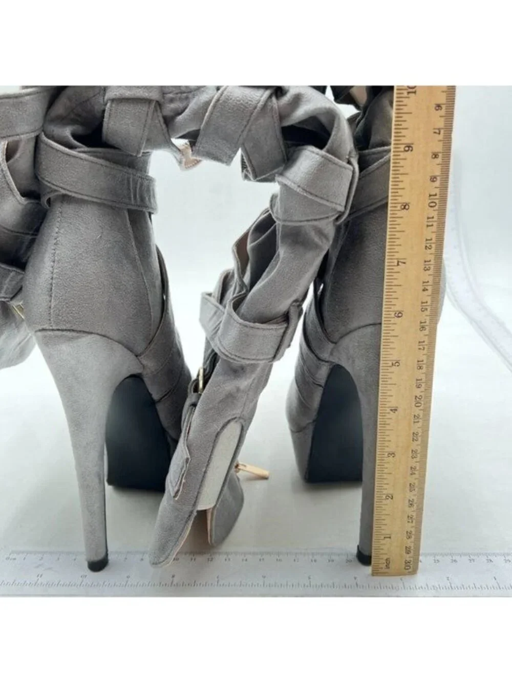 Women Knee High Boots Lace Up Knee Length Boots Punk Grey Stiletto Platforms